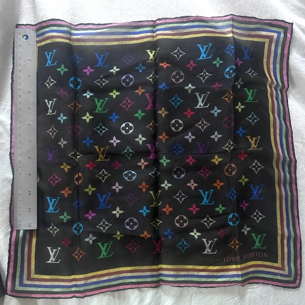 AUTHENTIC Louis Vuitton Marukami Black Rainbow Monogram Silk Scarf